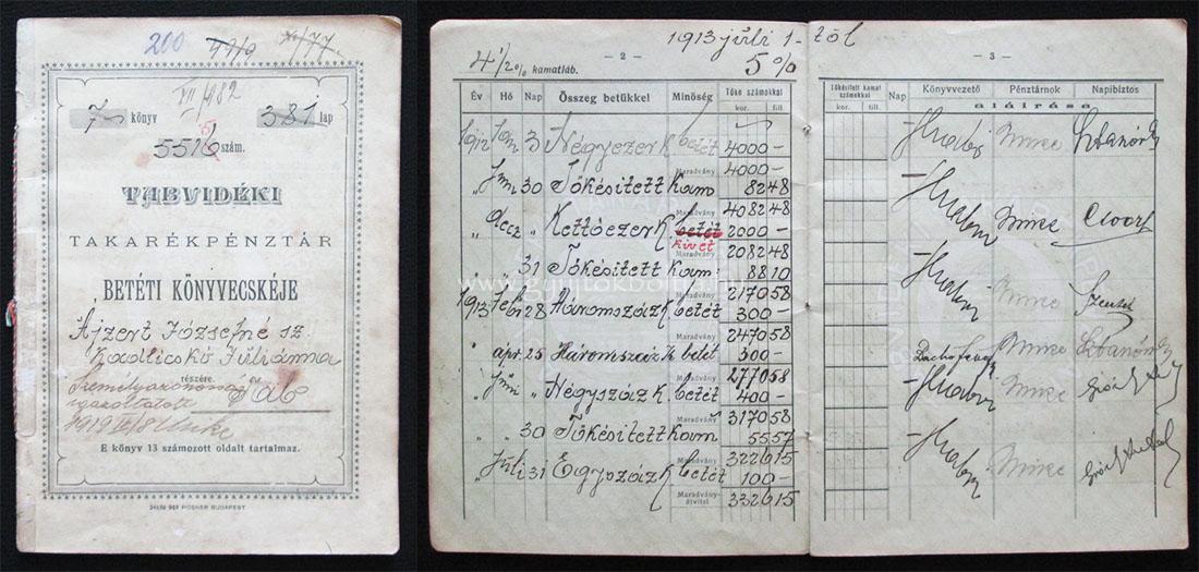 Tabvidéki Takarékpénztár betétkönyv 1912-